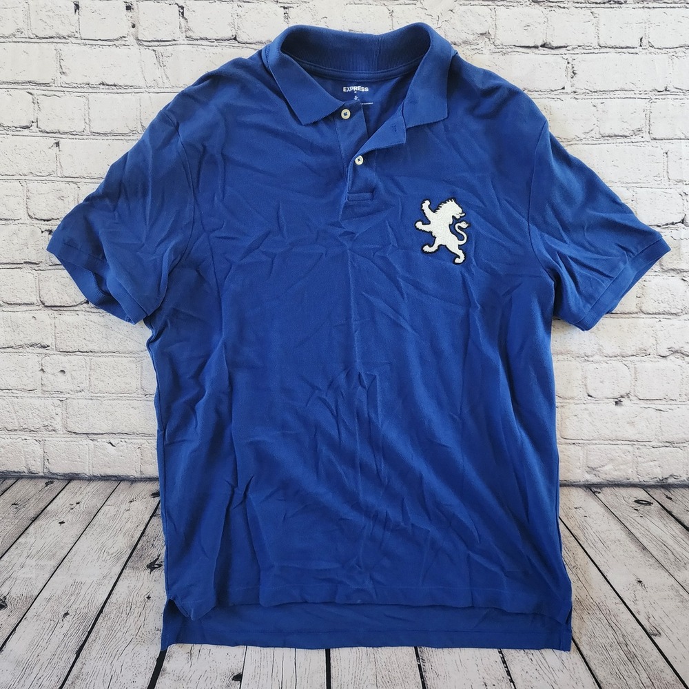 Express Men's XL Blue Cotton Pique Short Sleeve Lion Logo Polo Shirt
